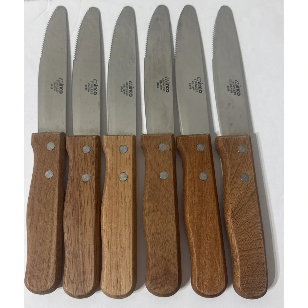 Winco KB-15W #249 Jumbo Steak Knife w/ 5in Heavy Duty Blade LOT Of 6 Wood Handle